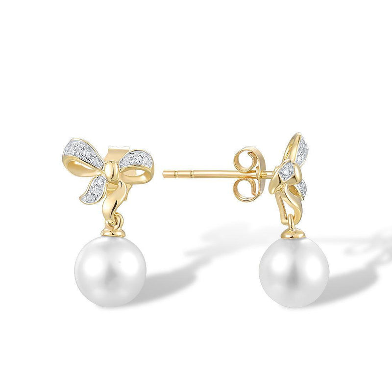 Yellow Gold (9k) Bowknot Stud Drop Earrings with 0.04ct Diamond Pave and 2PCS - 4.33ct White Pearl - Lucid Fantasy 