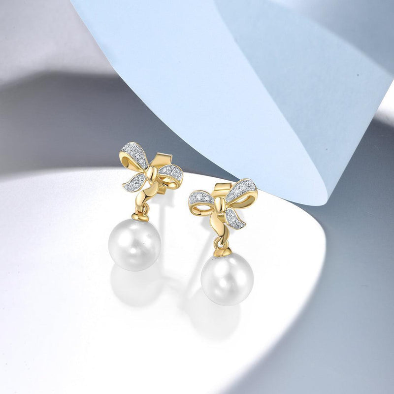 Yellow Gold (9k) Bowknot Stud Drop Earrings with 0.04ct Diamond Pave and 2PCS - 4.33ct White Pearl - Lucid Fantasy 