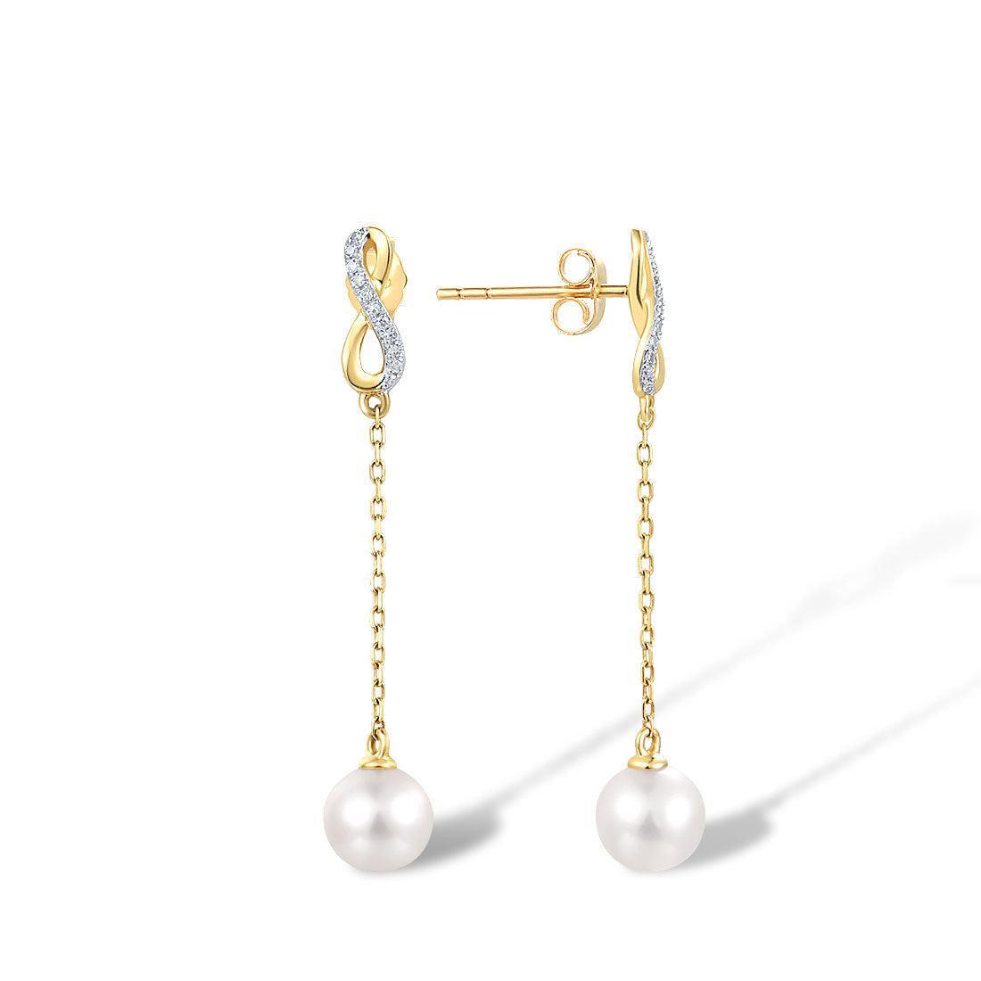 Yellow Gold (9k) Chain Tassel Longline Earrings with 22PCS - 0.05 Diamond Pave and 2PCS - 3.38ct White Pearl - Lucid Fantasy 