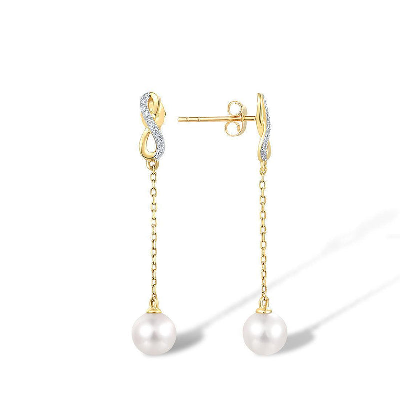 Yellow Gold (9k) Chain Tassel Longline Earrings with 22PCS - 0.05 Diamond Pave and 2PCS - 3.38ct White Pearl - Lucid Fantasy 