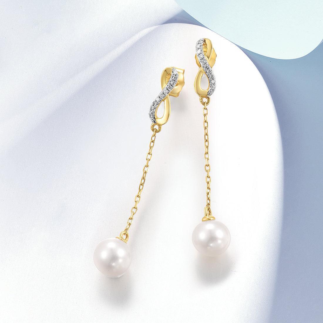 Yellow Gold (9k) Chain Tassel Longline Earrings with 22PCS - 0.05 Diamond Pave and 2PCS - 3.38ct White Pearl - Lucid Fantasy 