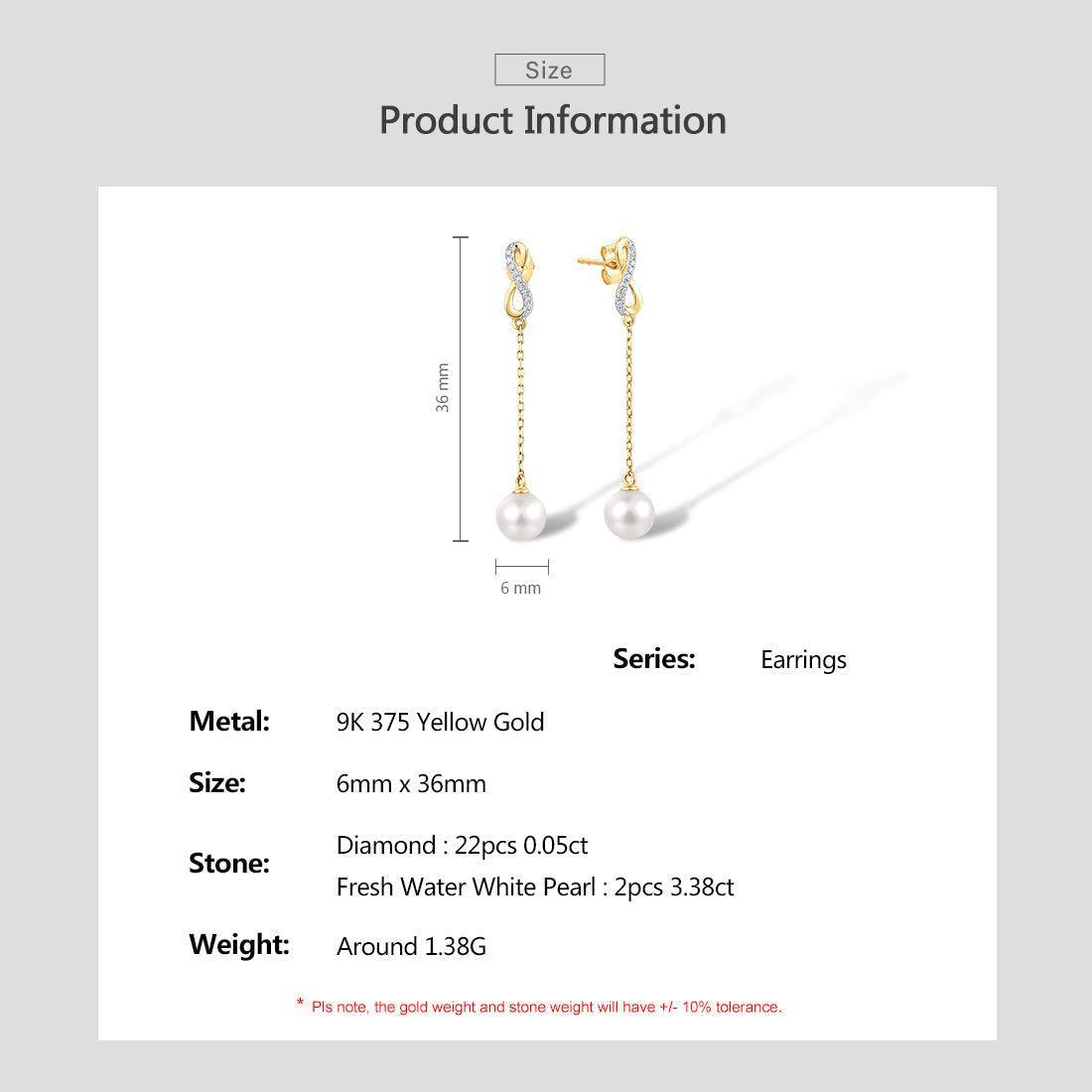 Yellow Gold (9k) Chain Tassel Longline Earrings with 22PCS - 0.05 Diamond Pave and 2PCS - 3.38ct White Pearl - Lucid Fantasy 