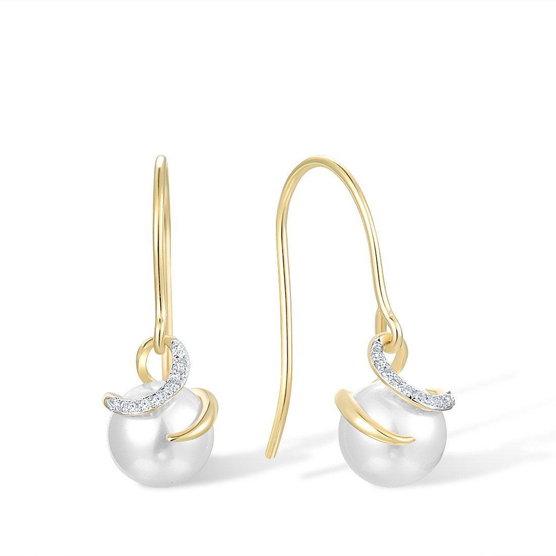 Yellow Gold (9k) Swirl Drop Dangle Earrings with 18PCS - 0.04 Diamond Pave and 2PCS - 5ct White Pearl - Lucid Fantasy 