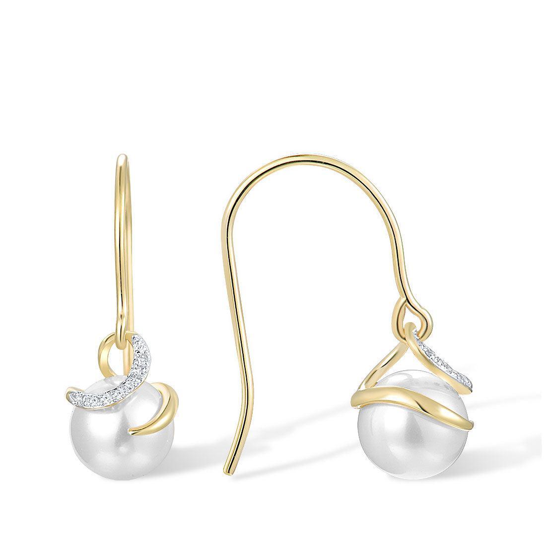 Yellow Gold (9k) Swirl Drop Dangle Earrings with 18PCS - 0.04 Diamond Pave and 2PCS - 5ct White Pearl - Lucid Fantasy 