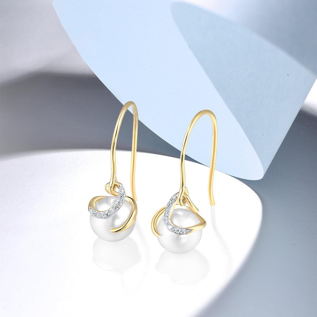 Yellow Gold (9k) Swirl Drop Dangle Earrings with 18PCS - 0.04 Diamond Pave and 2PCS - 5ct White Pearl - Lucid Fantasy 