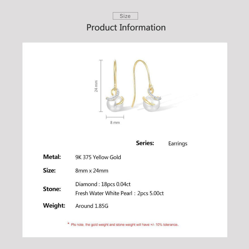 Yellow Gold (9k) Swirl Drop Dangle Earrings with 18PCS - 0.04 Diamond Pave and 2PCS - 5ct White Pearl - Lucid Fantasy 