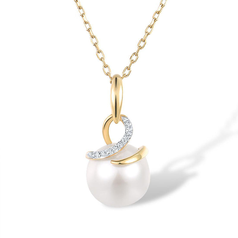 Yellow Gold (9k) Swirl Drop Pendant Necklace with 10PCS - 0.02 Diamond Pave and 3.9ct White Pearl - Lucid Fantasy 