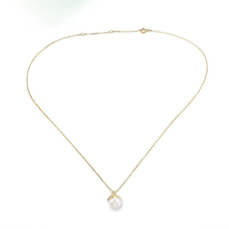 Yellow Gold (9k) Swirl Drop Pendant Necklace with 10PCS - 0.02 Diamond Pave and 3.9ct White Pearl - Lucid Fantasy 