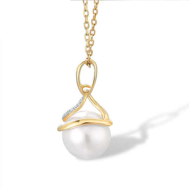 Yellow Gold (9k) Swirl Drop Pendant Necklace with 10PCS - 0.02 Diamond Pave and 3.9ct White Pearl - Lucid Fantasy 