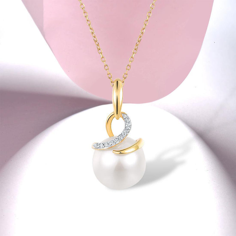 Yellow Gold (9k) Swirl Drop Pendant Necklace with 10PCS - 0.02 Diamond Pave and 3.9ct White Pearl - Lucid Fantasy 